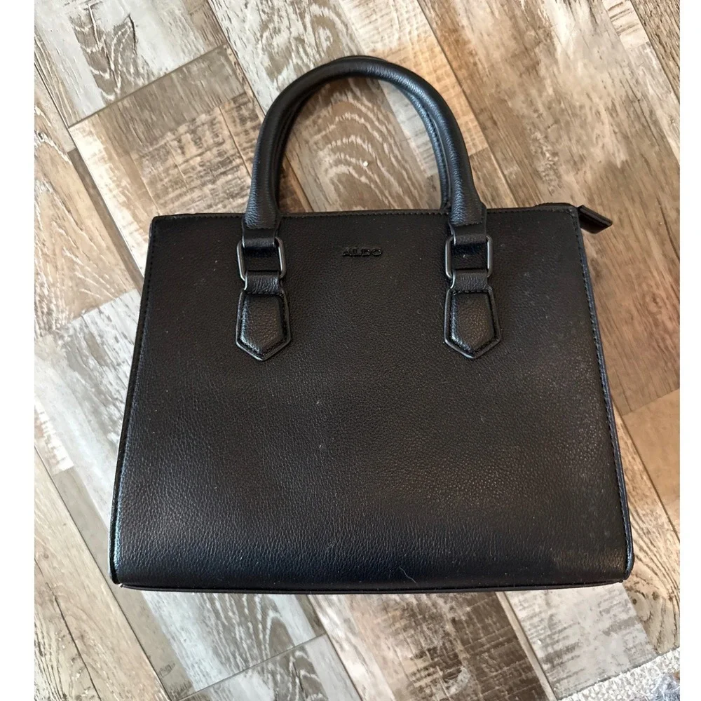 ALDO Womens Chic Satchel Handbag Removable Strap Embossed Wallet OS Black Pro